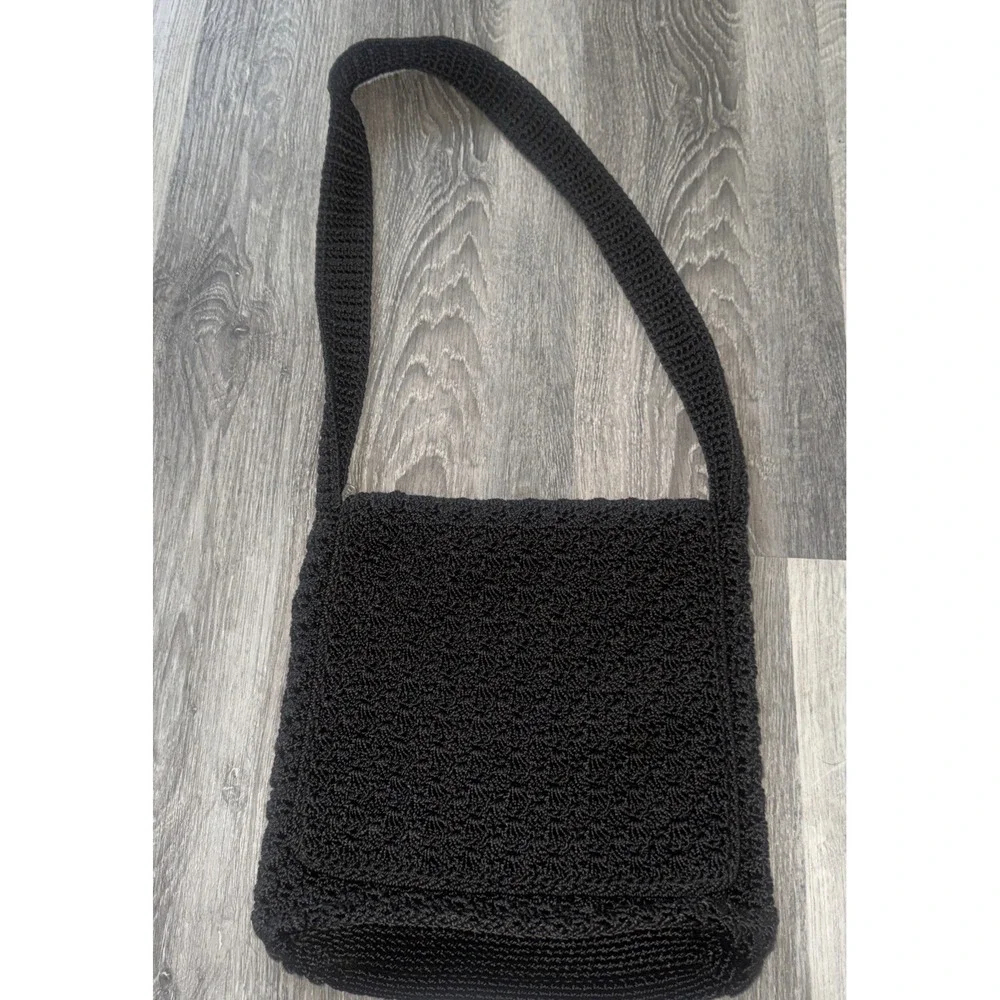 The SAK Small Black‎ Square Crochet Woven Crossbody Zip Pocket Pouch Purse